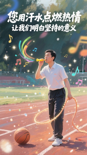 背景是操场跑道，体育老师身边环绕着“篮球、跳绳、哨子”，哨子吹出来的不是声音，而是“彩色的音符”，充满活力。
顶部大标题：“您用汗水点燃热情，让我们明白坚持的意义”预览效果