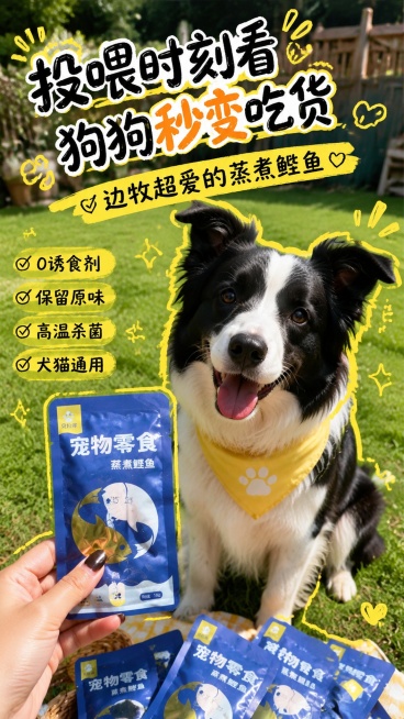 小红书封面图，贝拉哆蒸煮鲣鱼宠物零食，参考图为真实宠物合影手绘描边风格，展示产品包装和边牧狗狗合影，黄色描边装饰，手写风格卖点文字，主标题“投喂时刻看 狗狗秒变吃货”，副标题“边牧超爱的蒸煮鲣鱼”，卖预览效果