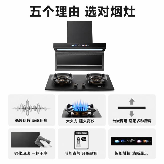 [主图-2] 选择烟灶套装的五大核心理由卖点展示。[氛围风格] 简约信息风，清晰干净。[画质] 商业设计质感，元素清晰，文字锐利，产品真实。[元素] 上方展示烟灶套装完整产品小图，保持产品外观颜色结构预览效果