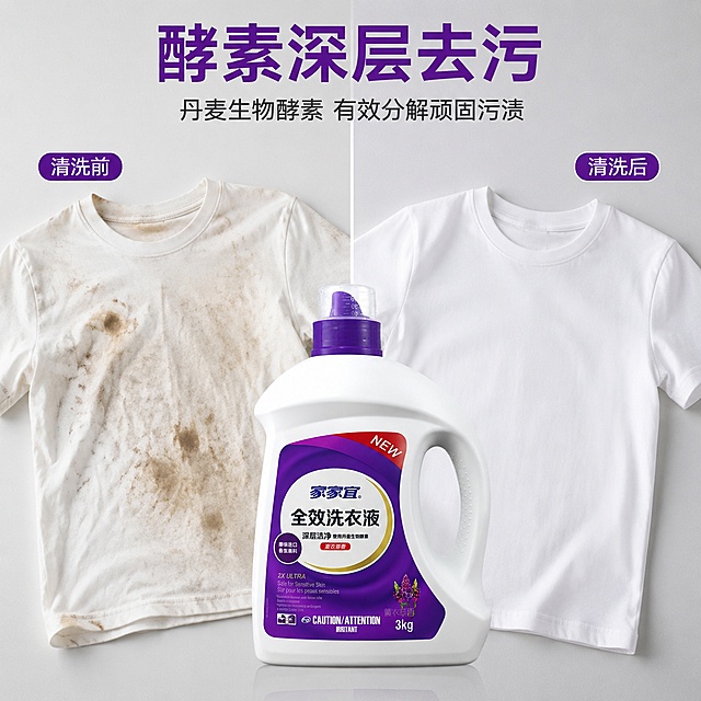 「图片1」生成一套主图（5张），商品名称是家家宜全效洗衣液，净含量6斤，卖点酵素深层去污
薰衣草香持久
温和适配全家
六斤家用足量
进口香氛原料，突出商品卖点，规格是6斤瓶装装陈列设计，并配有清洗衣物后衣物干净留香，不能出现平台官方违规词，结合电商爆款主图边框设计，吸睛力超强，用户看到要点击的感觉，适配电商平台，主图比例为1：1