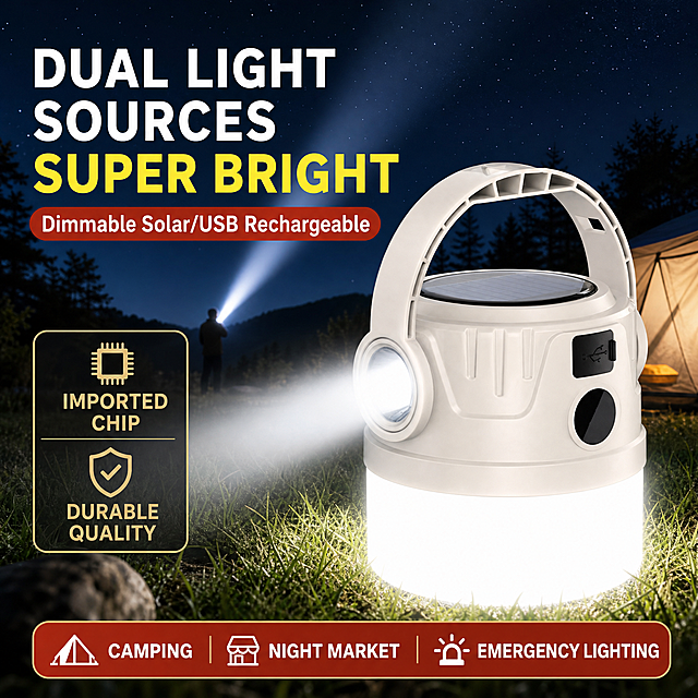 [Main Image 4] Outdoor night use scenario of white solar camping lantern. Lantern is placed on grass under starry night sky, showing dual light sources working. Spotlight projects long beam, bottom 360° omnidirectional light. Keep product appearance consistent with input image 16. Main title "Dual Light Sources Super Bright", subtitle "Dimmable Solar/USB Rechargeable". Bottom multi-scene tag "Camping Night Market Emergency Lighting". Imported chip durable quality highlighted in left text box. All text in English, clear, high contrast, fits outdoor use scenario. 1:1 2048x2048 2K. Negative prompt: distortion, messy background, illegible text