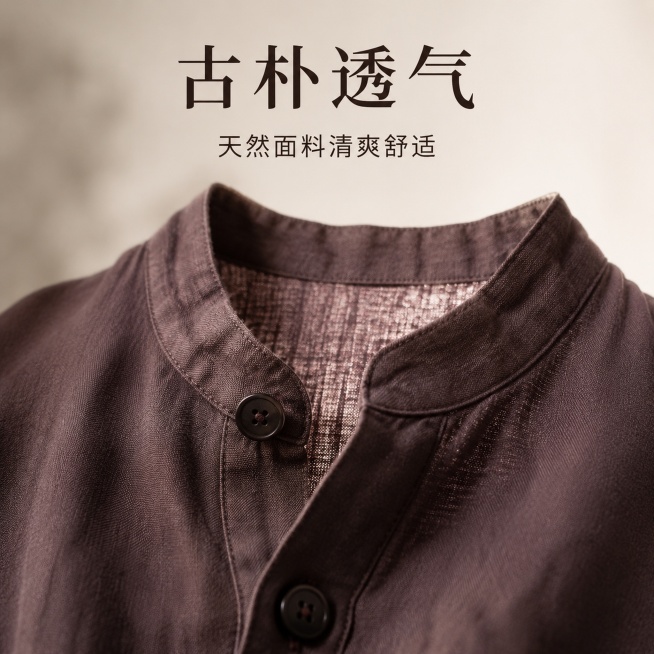 [主图-4] 国风男士衬衫细节材质特写展示，氛围风格：细节特写品质感；画质：商业摄影高清特写，纹理清晰，质感真实；元素：特写展示衬衫领口纽扣和面料肌理，放大呈现立领包边做工、纽扣质感和面料透气纹理，能预览效果