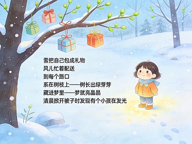 童趣卡通风格冬日场景，适合幼儿园使用，雪把自己包成圆圆的礼物，风儿吹着礼物送到路口，礼物系在树枝上，树枝长出嫩嫩的绿芽芽，清晨，甜甜的梦里醒来，一个小朋友站在雪地发光，整体干净明亮，柔和冷色调，充满童真梦幻，呼应童诗《雪》：雪把自己包成礼物风儿忙着配送到每个路口系在树枝上——树长出绿芽芽藏进梦里——梦就亮晶晶清晨掀开被子时发现有个小孩在发光