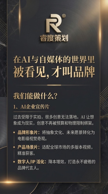 以用户提供的金色睿度策划品牌logo为核心视觉延伸设计，整体风格现代简约、高级时尚，整体视觉干净轻奢、高级商务。添加简约高级质感深色背景，搭配精致抽象几何元素、细腻光影和渐变，强化品牌专业感。保留所有预览效果