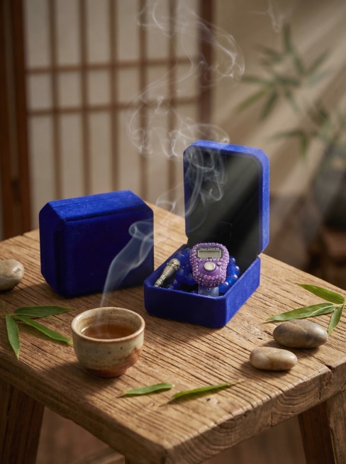 参考图的构图，生成紫色镶钻计数器搭配蓝色佛珠的新中式禅意场景图，保持产品主体物理结构不变，保持文字Logo原样，东方禅意风格，自然侧光，丁达尔光束，搭配原木、粗陶茶杯、鹅卵石、竹叶道具，整体暖调低饱和预览效果