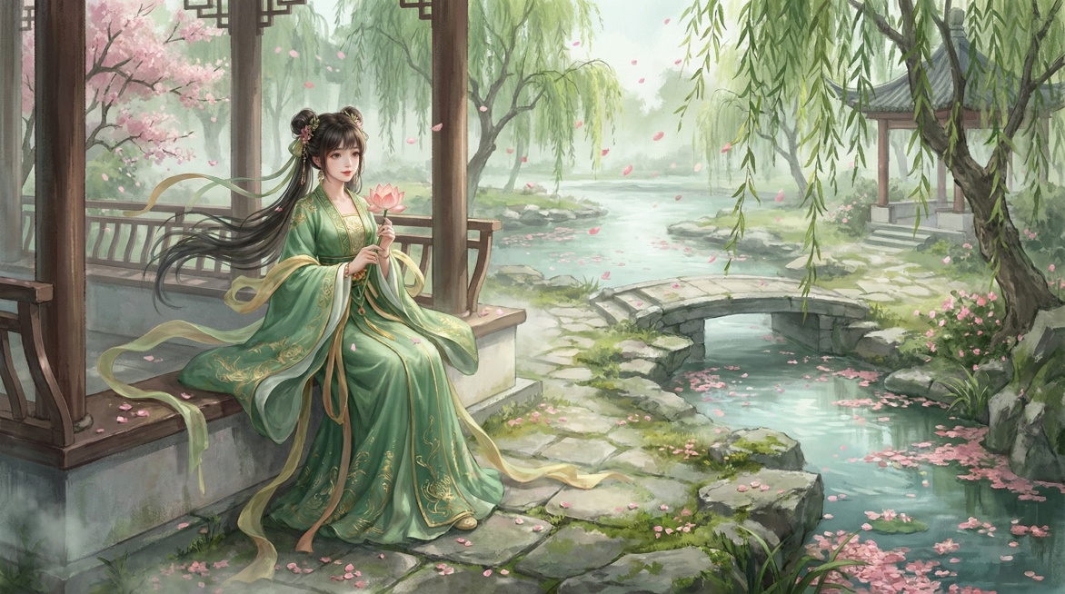 三国小乔，江南绝色，身着绿色古风服装，身处江南春日庭院，亭台水榭旁垂柳依依，桃林落英缤纷，小桥流水潺潺，薄雾轻笼青石板路，采用厚涂与水墨晕染结合的数字绘画风格，色彩柔和，光影细腻，游戏cg风格，细节丰预览效果