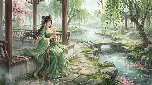 三国小乔，江南绝色，身着绿色古风服装，身处江南春日庭院，亭台水榭旁垂柳依依，桃林落英缤纷，小桥流水潺潺，薄雾轻笼青石板路，采用厚涂与水墨晕染结合的数字绘画风格，色彩柔和，光影细腻，游戏cg风格，细节丰富