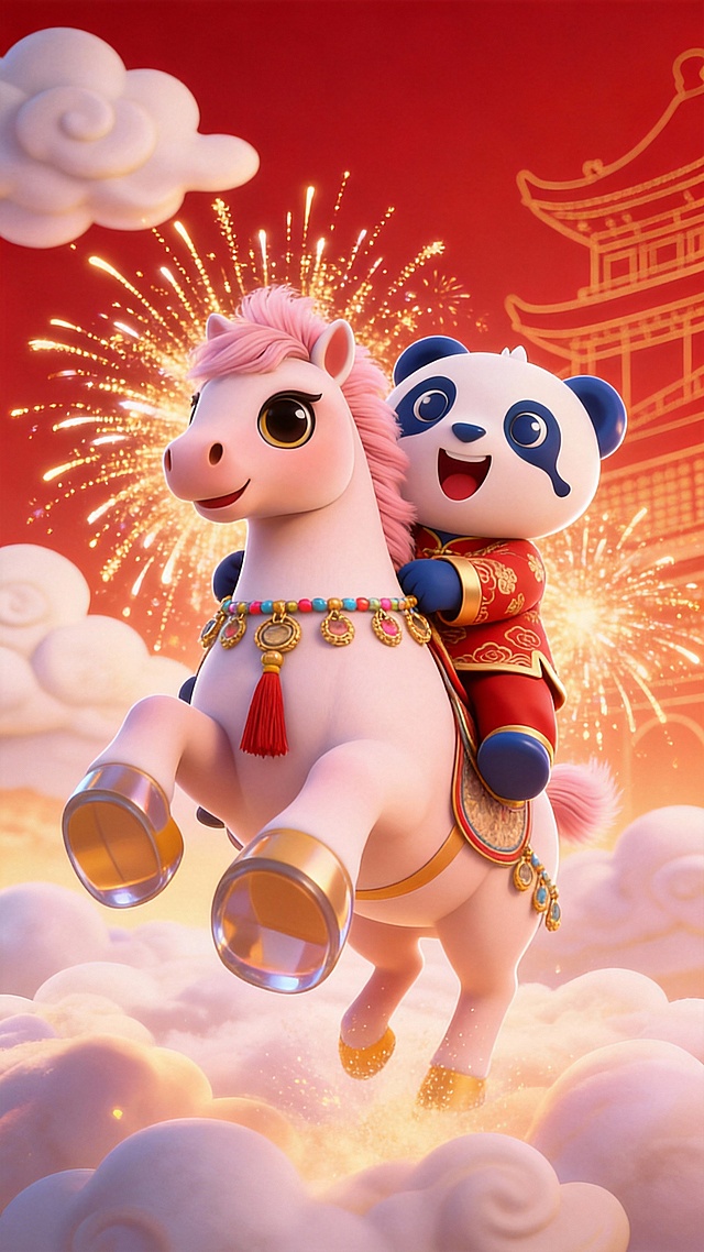 5张连贯分镜图，适配15秒马年新年短片，皮克斯风3D动画整体为喜庆红金，暖色调，画面清晰明亮:第一张是穿着红色汉服和裤子的蓝白熊猫如图上的熊猫抱着粉色萌马，背景有祥云和古建筑轮廓；
第二张是蓝白熊猫骑上马，马蹄大透视特写，准备飞翔的动势，踩着祥云腾空起飞，身后鎏金烟花炸开；
第三张是俯视镜头，蓝白熊猫与萌马低空飞过挂满红灯笼的古街市的背影，萌马踩着金色发光的祥云，下方是金红龙身、红绸翻飞的热闹舞龙队伍，人情欢腾充满烟火气；
第四张是大透视特写马屁股伸出后踢和背上的蓝白熊猫的后视的镜头，熊猫与萌马飞在古运河上空，石拱桥横跨水面，河上漂浮暖黄祈福河灯，水波荡漾古意盎然，前方远处有烟花，马蹄下面有鎏金金色光线线条；
第五张是将小马和蓝白熊猫踩着马卡龙色五彩发光祥云放置在画面中央，采用俯视鱼眼镜头和强烈的仰视透视感，广角拍摄。小马和熊猫可爱萌趣，头很大，背景是微缩广州的景观模型地标景点，包括广州塔，五羊建筑，融创过山车、珠江夜景、古街市以及现代城市风貌，夜晚，漫天的烟花和祥云和灯笼，动态模糊的红色纸张装饰。