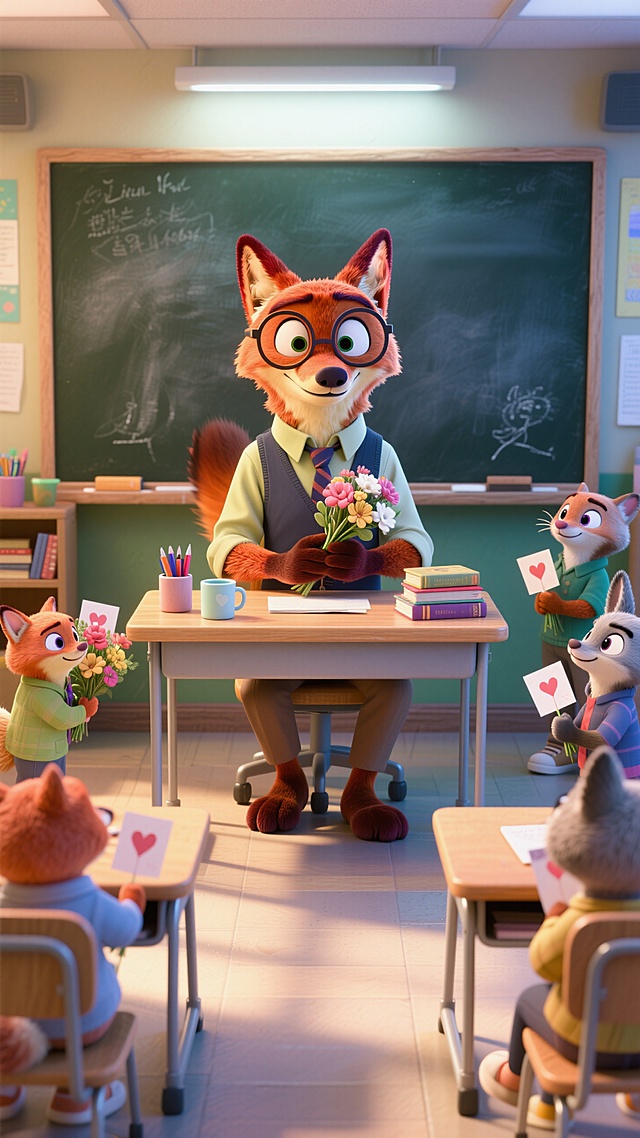 卡通风格的教室里，拟人化的动物学生们为老师送上鲜花和贺卡，充满可爱与温馨。
