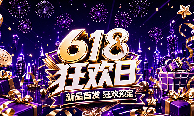 删除图中四个被红色圈出的图标：左上角的“百年品牌万店同庆”徽章、顶部的“618年中购物节”徽章、右上角的“直播时间6月18日早6:00”徽章、左下角的“优惠券618”徽章，删除后保持原图的紫金色3D狂欢促销风格，背景和其他元素不变，填充的区域风格要和整体保持一致。
