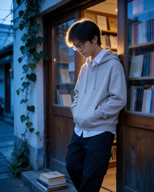 生成日系胶片清新风男生生活写真，仅保留参考图人物的脸型、发型、年龄特征，忽略原有服饰，低饱和清透蓝调富士胶片感，色彩干净通透，柔和傍晚侧光，发丝有暖金色轮廓光，面部光影柔和自然，大光圈浅景深虚化背景，预览效果