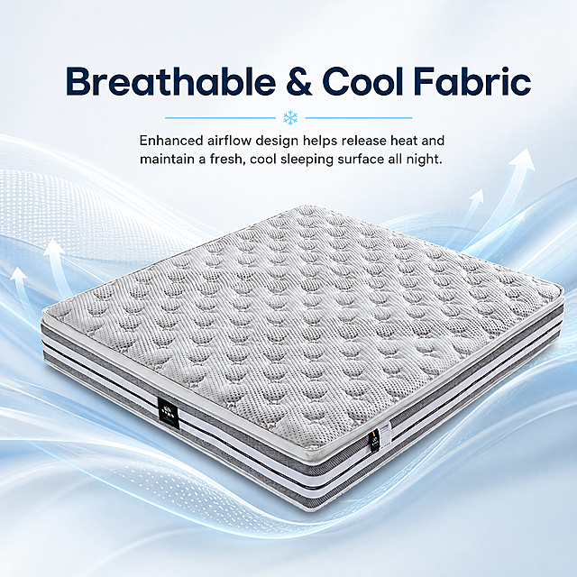 基于提供的床垫图片，生成电商主图介绍，展示第二个床垫功能："Breathable & Cool Fabric"，整体风格简约高级，床垫放在中间，清晰展示英文功能名称和介绍