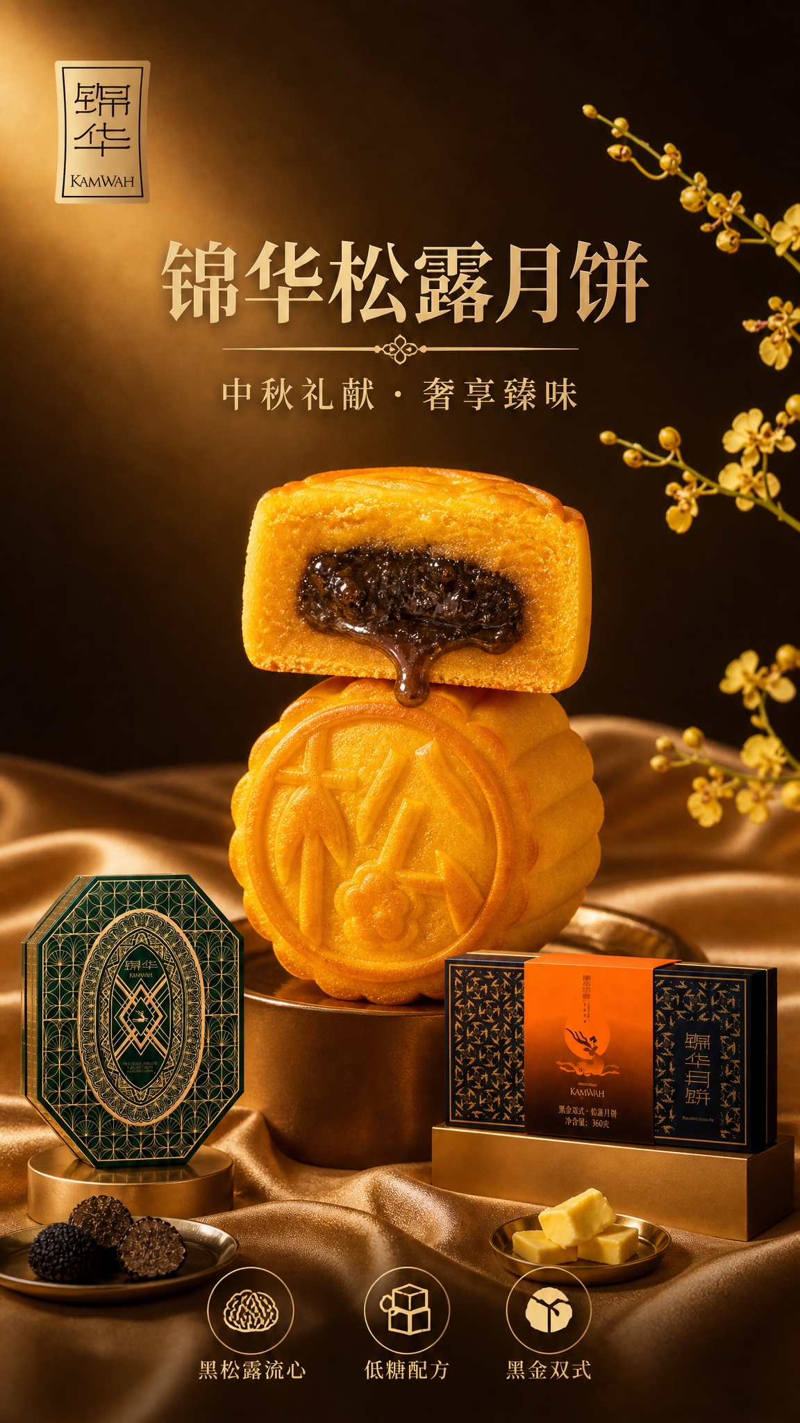 高端中秋月饼宣传海报，竖版9:16构图，写实商业摄影风格，高级… - 图片创意预览