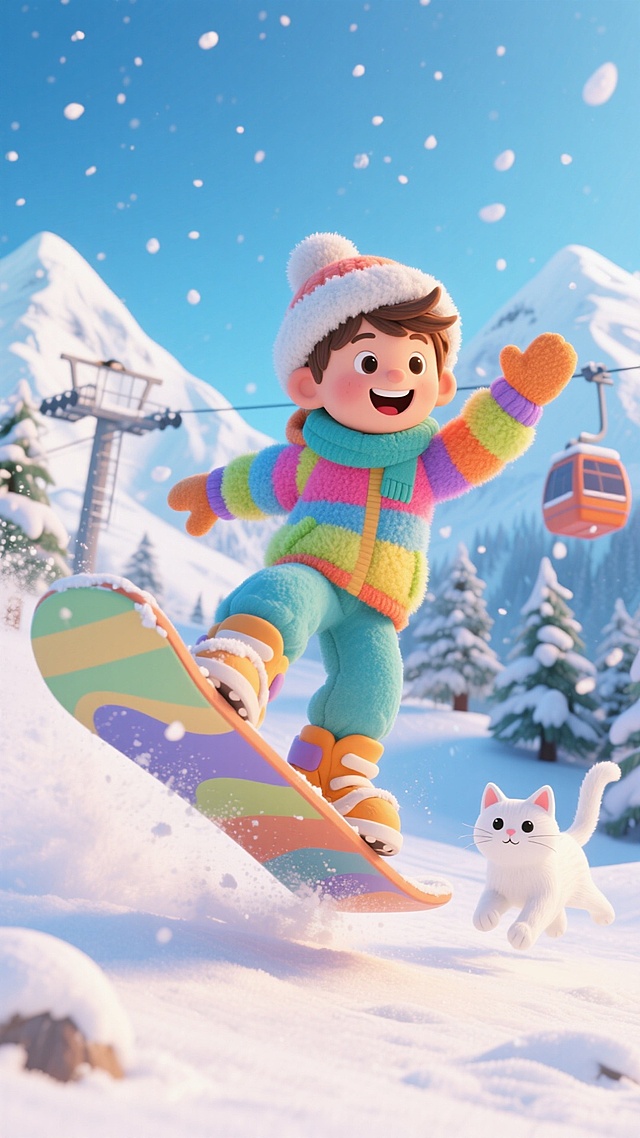 一个身着彩色冬装的孩子在玩单板滑雪，夸张构图，仰视视角，滑雪板即将冲出屏幕，板底清晰可见，背景是白雪覆盖的山脉、滑雪缆车、雪林，天空飘雪，有一两只白色小猫在雪地嬉戏。