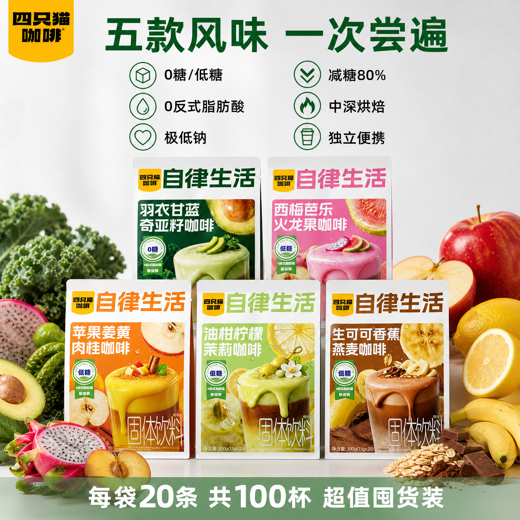 电商主图第四张，多口味全家福与卖点总结，四只猫自律生活咖啡五款… - 图片创意预览