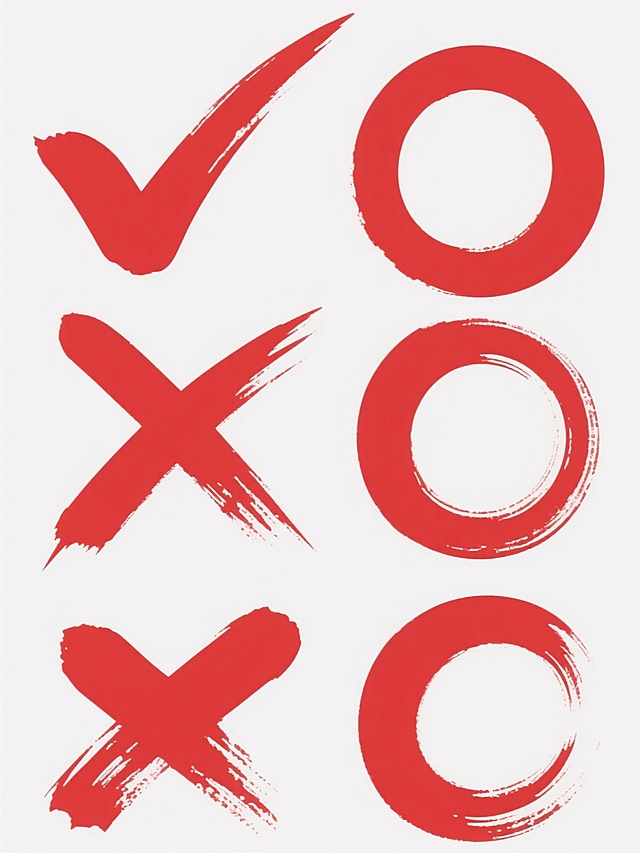 一套6张系列素材集合，每张均为简约现代风格的单一符号元素图案，元素分别为打勾、打叉、圈等，均为鲜艳的红色，采用粗犷有力的毛笔笔触质感，边缘带有自然的飞白效果，符号在纯白色纯色背景上居中规整排布，整体造型简洁大气，无任何文字、logo及水印。