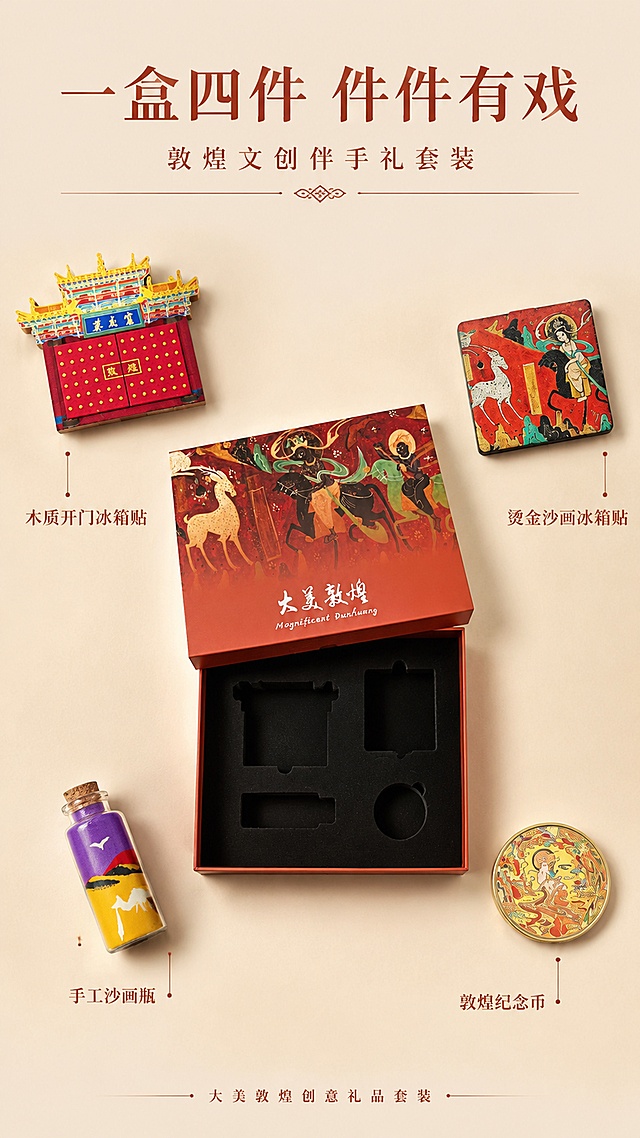 [第3屏] 套装拆解 · 赭红款礼盒四件配件平铺展示。本屏使用【图8】作为赭红款礼盒及内部配件主体参考。
[氛围/风格] 国潮解构风，干净高级，商业产品摄影质感。
[元素布局] 画面中央赭红色礼盒开盖朝上，内部四件文创产品分别取出环绕礼盒平铺展示：左上为木质开门冰箱贴（莫高窟门楼造型），右上为烫金沙画冰箱贴（九色鹿飞天图案），左下为手工沙画瓶（紫黄渐变流沙），右下为敦煌主题纪念币；每件产品旁有细线引出标注；产品结构、颜色、图案与输入图完全一致。
[光影质感] 顶部柔光均匀打亮，每件产品下方有轻微投影，立体感强，金属纪念币有高光反射。
[配色色系] 全局底色 #E8DCC8（浅卡其）；主色赭红、暖金；辅助色石绿、石青、米白。
[视角构图] 正俯视平铺构图，礼盒居中，四件配件呈四角分布，阅读动线中心 → 四周配件。
[文字版式] 顶部居中大标题「一盒四件 件件有戏」，副标题「敦煌文创伴手礼套装」；每件配件旁配小标签：「木质开门冰箱贴」「烫金沙画冰箱贴」「手工沙画瓶」「敦煌纪念币」；底部小字「大美敦煌创意礼品套装」。
[比例分辨率] 9:16 竖版，4K 分辨率，文字清晰可辨，高清画质。
[负向提示词] 产品变形，缺件错件，颜色偏差，水印，文字过小，背景杂乱。