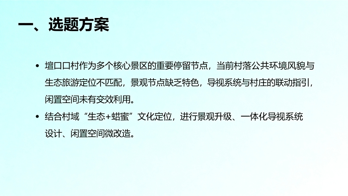 垵口村品牌设计PPT选题方案页，青绿色极简风格，顶部标题'一、选题方案'，正文分点描述：垵口村作为多个核心景区的重要停留节点，当前村落公共环境风貌与生态旅游定位不匹配，景观节点缺乏特色，导视系统未实现预览效果