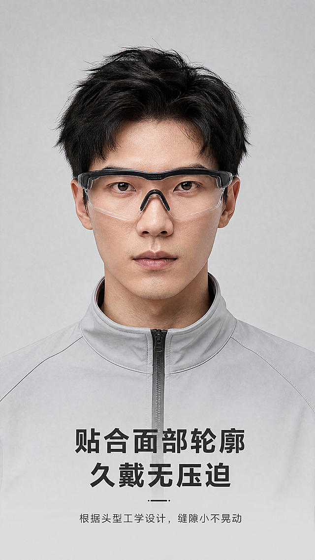 [第3屏] 佩戴贴合度展示页。亚洲男性模特正面佩戴，展示护目镜和面部的贴合效果，产品款式配色保持和【图1】一致。背景为室内干净浅灰棚拍背景，突出产品和佩戴效果。专业棚拍光影，轮廓清晰，立体感强。整体浅灰低饱和配色，产品保持原黑灰透明，文字深灰。中心构图，模特上半身，主体突出。标题"贴合面部轮廓 久戴无压迫"，小字说明"根据头型工学设计，缝隙小不晃动"，文字放产品下方居中。比例9:16，4K分辨率。负向提示词:结构标注错位,产品变形,颜色偏差,文字重叠,模特走形,水印