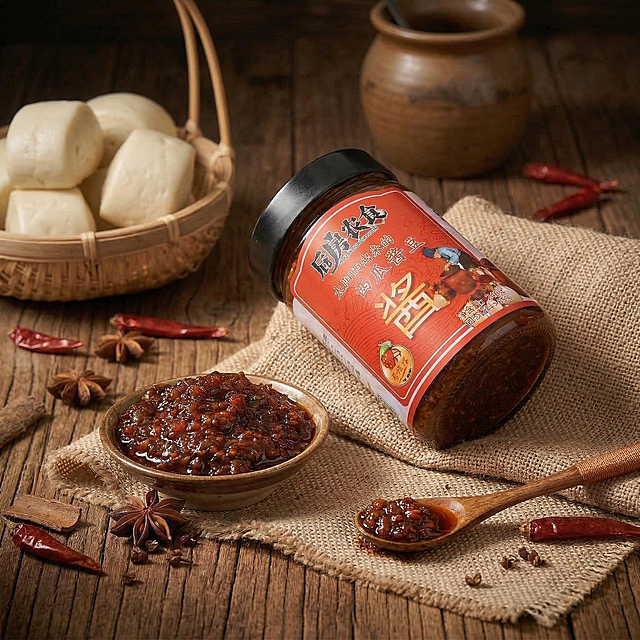 以优化后的场景为基础，瓶身标签所有文字和细节完全保留，酱体质感保持深褐色油亮颗粒状，调整道具（香料、辣椒、木勺、瓷碗、馒头篮）的摆放位置、数量和角度，改变产品放置角度和周围光影细节，暖调侧光暗调氛围保持不变，不添加额外文字，真实质感，和已有图片构图有明显差异。