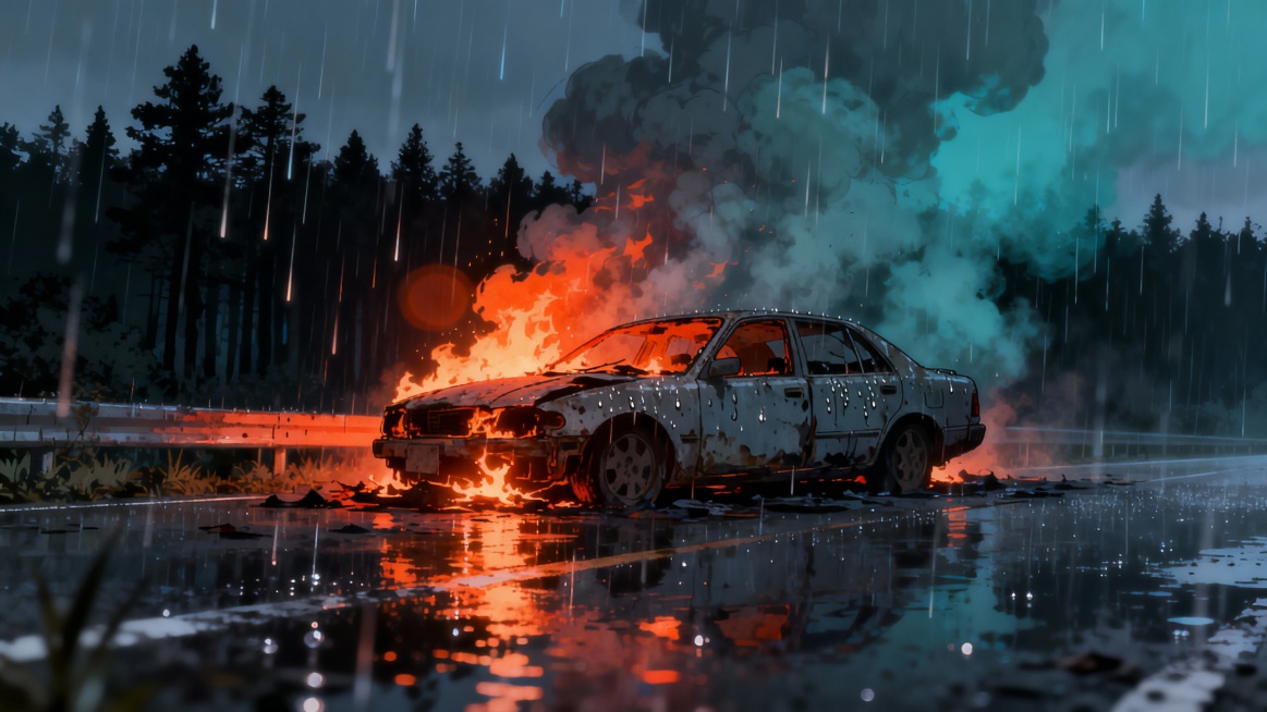 Makoto Shinkai art style, 2D anime, extreme wide shot, burning car wreckage on roadside, flames refl预览效果