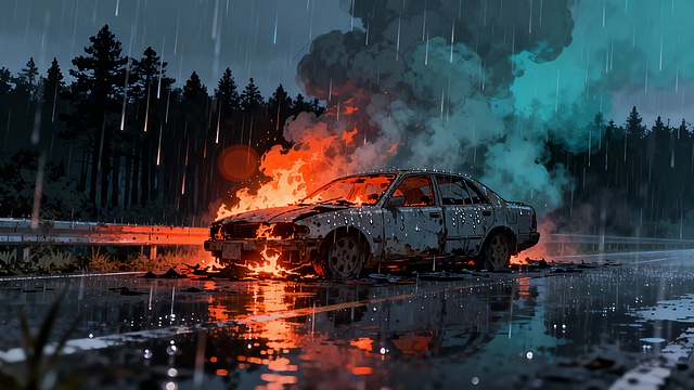 Makoto Shinkai art style, 2D anime, extreme wide shot, burning car wreckage on roadside, flames reflecting on wet road, rain, forest silhouettes, smoke rising, no people, tragic and dramatic, fire glow effect, 16:9 aspect ratio