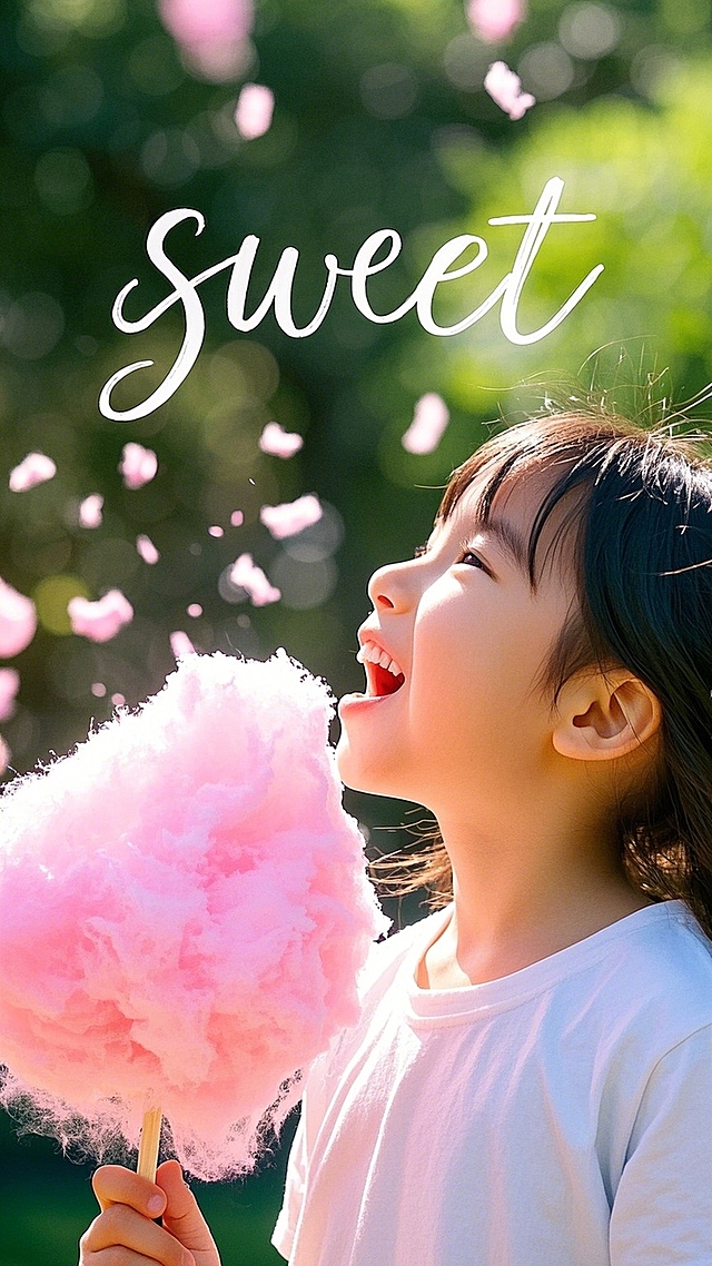 小女孩吃着棉花糖，手写的“sweet”字体