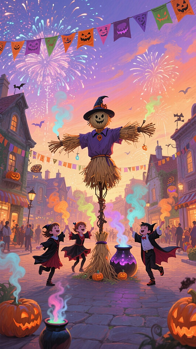 梦幻水彩插画风，拟人稻草人与童趣角色共庆万圣节，烟花粒子交织，超现实万圣节日氛围浓厚。