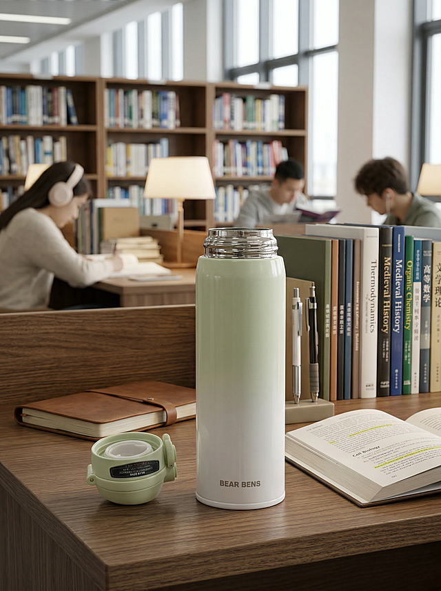 保留图片中的保温水杯和杯盖主体，将原图的高铁车窗背景替换为安静的图书馆备考场景，保持杯子在木质桌面上的位置和光影自然