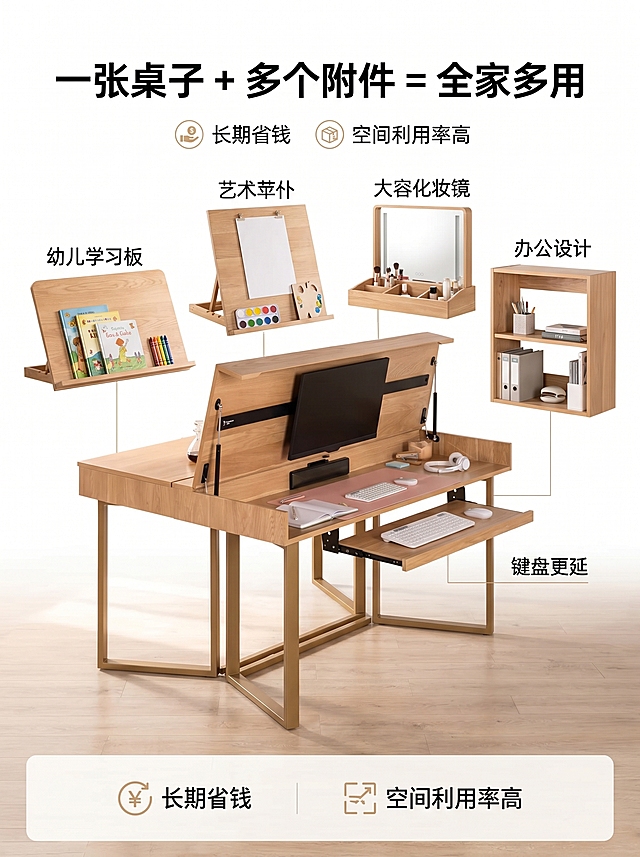 用户只需买一张桌子 + 多套附件，就能满足全家不同人、不同场景的需求，相当于“一桌抵多桌”，长期使用成本更低，空间利用率更高。这是本方案的核心卖点，请重点设计呈现。「图片1」