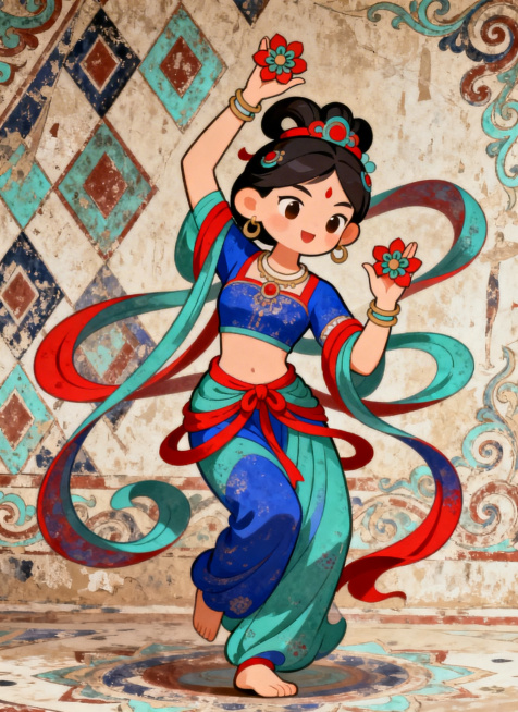 设计一个原创龟兹乐舞IP形象，融合西域克孜尔石窟壁画风格，年轻可爱的舞女形象，身着以青金蓝、石绿为主色调搭配朱砂红的西域传统服饰，摆出S型曲线旋转舞姿，手作花型手，背景点缀菱形纹和卷草纹，整体风格现代预览效果