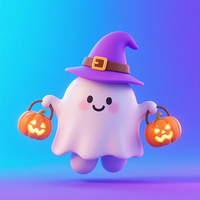 一个萌系幽灵形象。它戴着紫色巫师帽（带有棕色腰带扣），面带微笑，双手分别提着发光的南瓜灯笼和南瓜灯。紫蓝色渐变背景。