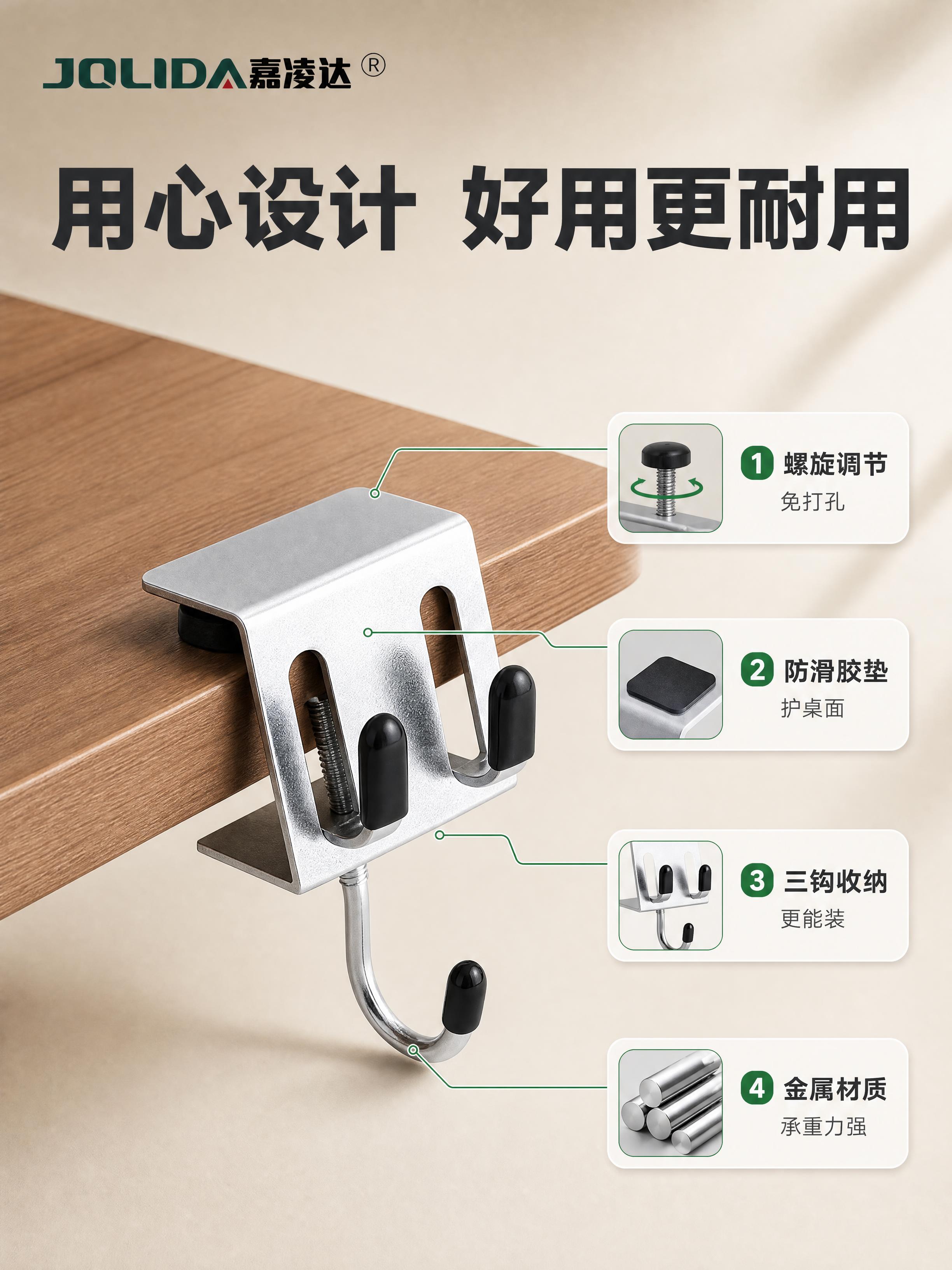 [商品] 使用【图2】【图6】银色金属三钩桌边挂钩；保留金属银… - 图片创意预览
