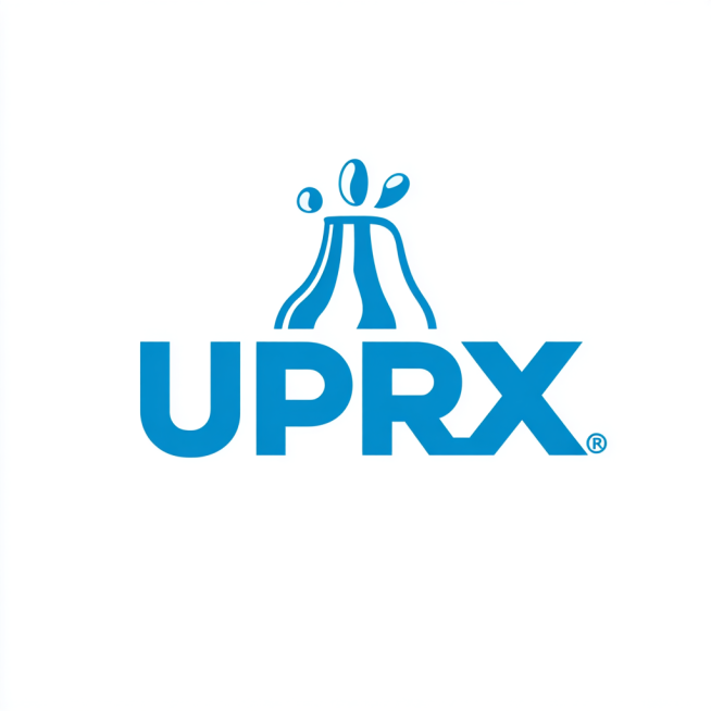 品牌名URPX;制作LOGO，蓝色字体，尺寸是2000 × 2000PX;产品是清洁厨房不锈钢重油，去污去垢去油的清洁剂和泡腾片，可将品牌名“URPX”中的“U”字母顶部进行微调，使其弧线近似一个倒置预览效果