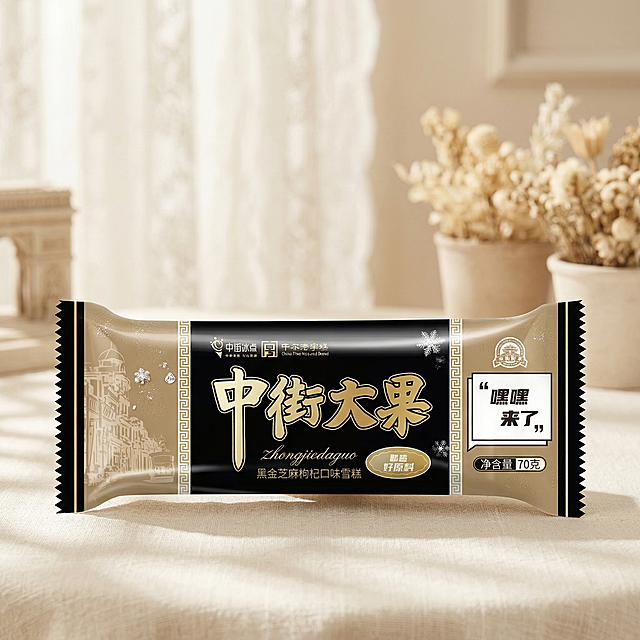 将中街大果黑金鱼杞口味雪糕包装自然融入法式奶油风背景中，保持产品主体物理结构不变，保持包装上所有Logo和文字原样不变，强制保留雪糕包装组件。使用全屋漫射柔光，低对比度，营造温馨治愈氛围，整体采用米白和奶咖色调，画面明亮干净通透。遵循商业高调摄影规则，添加透光窗帘柔和漫射光效果，三分法构图，主体放置在视觉重心，背景留有呼吸感留白。添加阳光光斑作为流动元素，注入氛围质感。光影匹配自然，产品底部生成极淡接触阴影，符合近实远虚物理规律，背景米色调轻微映射到产品暗部边缘，实现自然融合，消除抠图白边。食欲感展示，呈现新鲜冰品质感。
