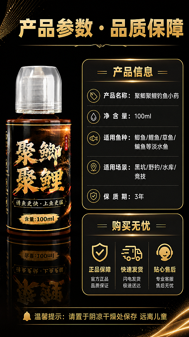 [第8张] 规格参数+售后保障页-聚鲫聚鲤钓鱼小药产品信息与服务说明。本张使用【图1】作为左侧产品标准照。
[氛围/风格] 黑金专业质感，信息清晰规整，左右分栏布局，商业设计感。
[元素布局] 左侧为产品瓶身标准照，占比约40%，瓶身结构、标签文字与输入图完全一致，正面展示，置于深黑背景中，底部有金色倒影效果；右侧为参数信息卡+售后保障区，上下分两块；背景为深黑色渐变，点缀少量金色线条装饰。
[光影质感] 左侧产品正面打光，瓶身金色标签有光泽，底部有金色倒影；右侧信息区有微弱发光边框，整体干净专业。
[配色色系] 全局底色 #0A0A0A 深黑；主色金色 #D4AF37 标题与边框；辅助色白色正文；信息卡用深灰底 #1A1A1A。
[视角构图] 左右分栏布局，左产品右信息，阅读动线从顶部标题 → 左侧产品 → 右侧参数 → 底部保障。
[文字版式] 顶部大标题「产品参数 · 品质保障」金色粗黑体；右侧上半部分参数卡：标题「产品信息」金色，下方参数行：「产品名称：聚鲫聚鲤钓鱼小药」「净含量：100ml」「适用鱼种：鲫鱼/鲤鱼/草鱼/鳊鱼等淡水鱼」「适用场景：黑坑/野钓/水库/竞技」「保质期：3年」；右侧下半部分保障区：标题「购买无忧」金色，下方3个保障图标+文字：「正品保障」「快速发货」「贴心售后」；底部加一行金色小字「温馨提示：请置于阴凉干燥处保存 远离儿童」。
[比例分辨率] 9:16 竖版比例，2K分辨率，文字清晰可辨，高清画质。
[负向提示词] 瓶身变形，标签文字错乱，缺件错件，颜色偏差，水印，文字过小，参数错误，背景杂乱。