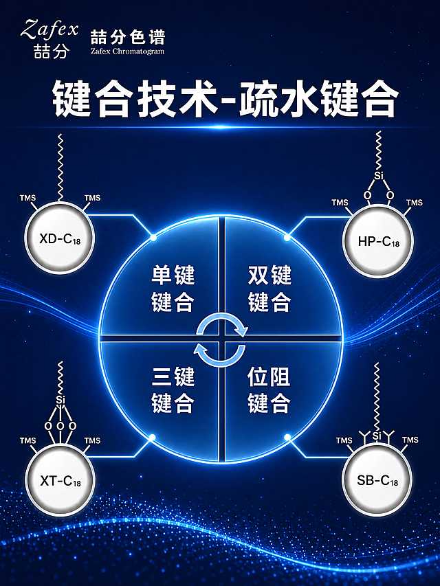 仿造参考图1的深蓝色科技风海报风格，制作一张「键合技术-疏水键合」技术海报。整体风格与参考图1完全一致：深蓝色渐变背景、蓝色发光光带、粒子光点、科技感霓虹光效、半透明玻璃质感圆角卡片。

画面顶部左上角：品牌标识「Zafex 喆分色谱」「Zafex Chromatogram」，与参考图1顶栏一致。

主标题区：大字号白色粗体标题「键合技术-疏水键合」。

画面中心：一个大型蓝色圆形被十字分割为四个象限，每个象限内有白色大字：
- 左上：「单键键合」
- 右上：「双键键合」
- 左下：「三键键合」
- 右下：「位阻键合」
圆心处有两个浅蓝色循环箭头图标，表示四种技术相互关联。

圆形四周分布四个硅胶球产品示意图，每个配发光线条连接到对应象限：
- 左上对应单键：「XD-C₁₈」硅胶球，单键Si-O结构，两侧TMS标注
- 右上对应双键：「HP-C₁₈」硅胶球，双键Si-O结构，两侧TMS标注
- 左下对应三键：「XT-C₁₈」硅胶球，三键Si-O结构，两侧TMS标注
- 右下对应位阻：「SB-C₁₈」硅胶球，位阻型Si结构，两侧TMS标注

所有硅胶球为灰白色球体+银色边框，键合结构用白色线条绘制，TMS用白色小标签标注。中心圆形为深蓝色半透明玻璃质感，带浅蓝色发光边框。

背景：深蓝色渐变，底部有蓝色发光粒子光点和光带，整体科技感、专业感、色谱仪器行业风格。

画面中所有文字必须清晰可读，数字精确渲染。画面中所有信息区域必须填充完整合理的内容，不得出现空白框。

画面比例竖版3:4，版式精美。