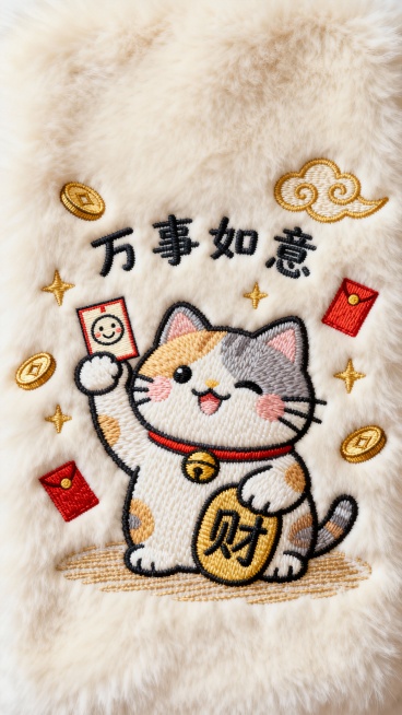 一幅以发财为主题的毛绒质感刺绣壁纸，整体采用米白色毛绒布料为背景，一只可爱的卡通招财猫举着一张小而简单的财富符。符咒上有一个笑脸和"财"字。猫咪正在挥爪，周围漂浮着金币和红包。蜡笔色彩 palette预览效果