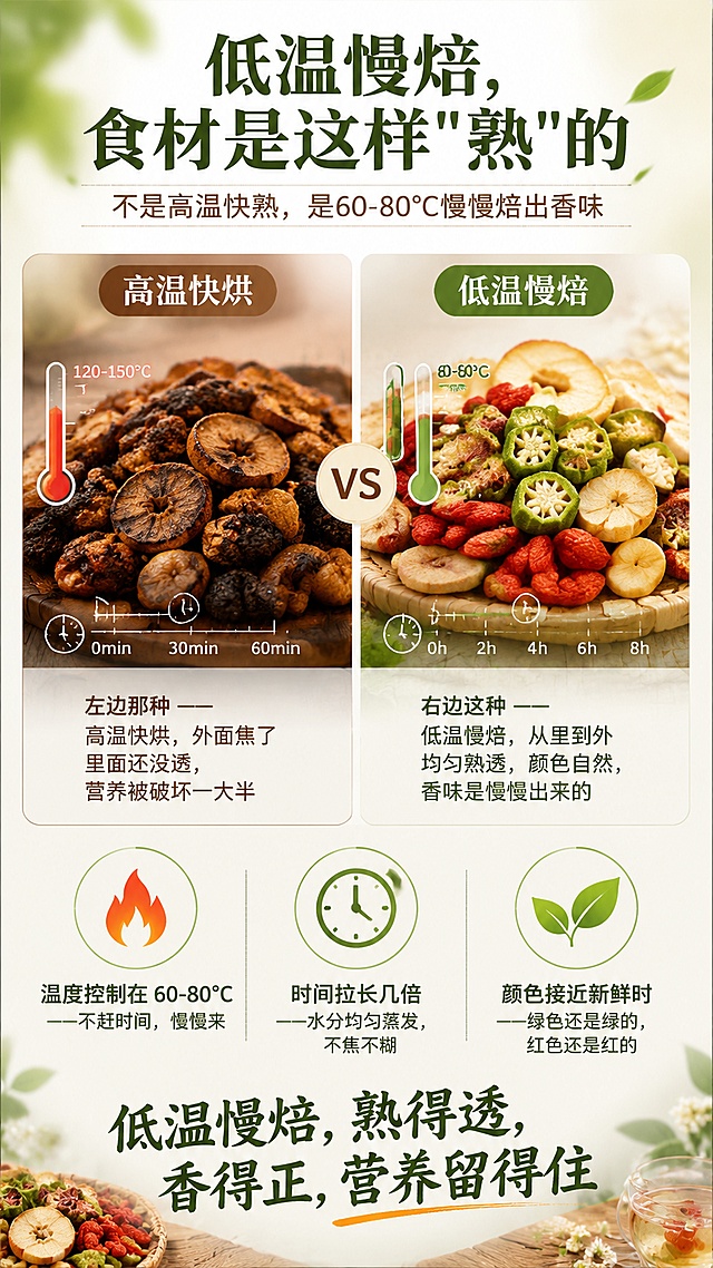 生成图片：页面大标题：低温慢焙，食材是这样“熟”的
副标题：不是高温快熟，是60-80℃慢慢焙出香味
配图建议：
· 对比图：高温快烘（焦黄暗沉）vs 低温慢焙（色泽自然）或展示烘焙温度计、时间刻度等视觉元素
配文：
左边那种 ——高温快烘，外面焦了里面还没透，营养被破坏一大半。
右边这种 ——低温慢焙，从里到外均匀熟透，颜色自然，香味是慢慢出来的。
【三小点图标区】
三个小图标+一句话说明：
· 🔥 温度控制在 60-80℃ ——不赶时间，慢慢来
· ⏱️ 时间拉长几倍 ——水分均匀蒸发，不焦不糊
· 🌿 颜色接近新鲜时 ——绿色还是绿的，红色还是红的
【底部总结金句】：
低温慢焙，熟得透，香得正，营养留得住。图片比例9:16