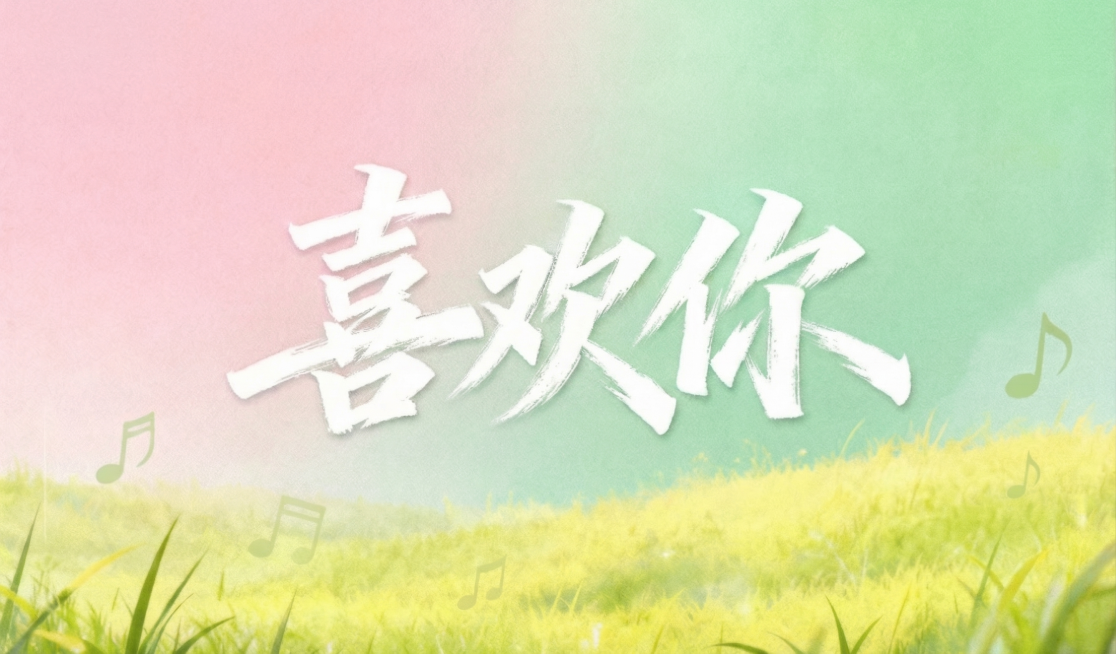 保留原图的粉绿渐变草地背景和音符装饰完全不变，继续将文字“喜欢你”进一步缩小，比当前尺寸更小，严格保持原有的白色毛笔书法飞白笔触风格，文字居中放置，不改变背景任何细节。预览效果