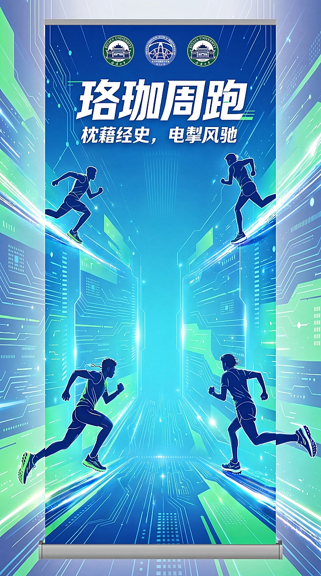 基于之前生成的珞珈周跑竖版易拉宝，移除签名板区域和底部所有主办承办时间文字，保留标题"珞珈周跑"、副标题"枕藉经史，电掣风驰"、顶部校徽、跑步人物和蓝绿科技电路板背景，调整整体构图适配竖版800*1920尺寸，保持风格一致