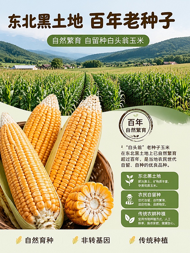 「图片1」「图片1」「图片1」「图片1」「图片1」「图片1」「图片1」「图片1」这个产品叫“玉米浆包”，配料只有糯玉米，而且是东北农民的自留种，自然繁育百年的老种子玉米，种子叫“白头翁”，玉米浆包吃法很多，蒸、空气炸锅炸、煎、还能榨玉米汁，好吃又好喝，既能当主食，有能当随身饮品，口感粘糯绵密，是会拉丝的质地，是玉米自然的甜，很香甜，玉米汁也非常纯粹浓郁，用纯粹的食物打造干净的餐桌。根据以上信息，生成玉米浆包的产品详情图