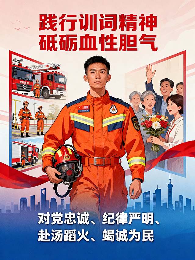 插画风结合扁平设计，大字风标题强化政务感与热血感，印刷风质感突出励志主题，展现消防员忠诚为民的崇高精神。
