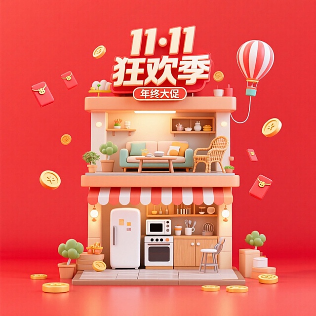画面主视觉是一家双层家具店，门店招牌挂着“11·11 狂欢季”下方是小字“年终大促”，一楼摆放白色冰箱、微波炉、厨具等厨房家电，二楼摆放沙发、茶几、藤椅等娱乐设备，周围环绕着金币、红包、热气球等元素，电商红色氛围。