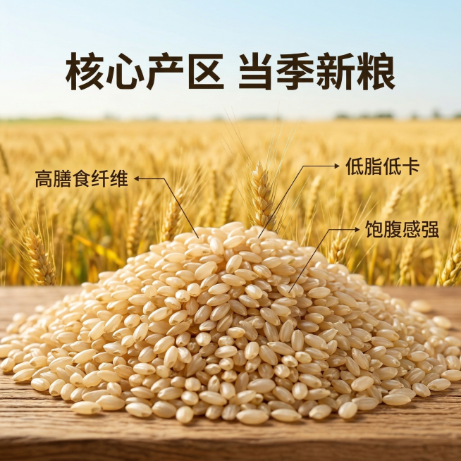 [垫图]用户上传的圆粒糯糙米图片
[主图主题]圆粒糯糙米核心卖点展示
[氛围/风格]亮眼清晰的拼多多食品风格，自然明亮光线
[画面元素]饱满的圆粒糯糙米颗粒为中心，背景是原生态农田麦田的远景，阳光普照预览效果