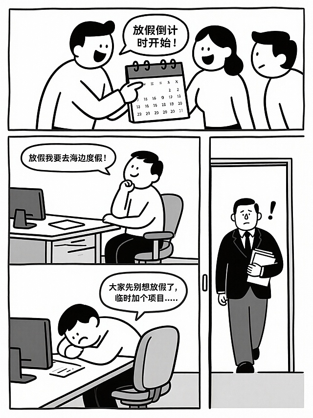 黑白单色插画风，简约线条勾勒职场幽默场景，漫画式分镜讲述放假倒计时突遭加项目，卡通感十足，暗讽节日临近却难享假期的现实。