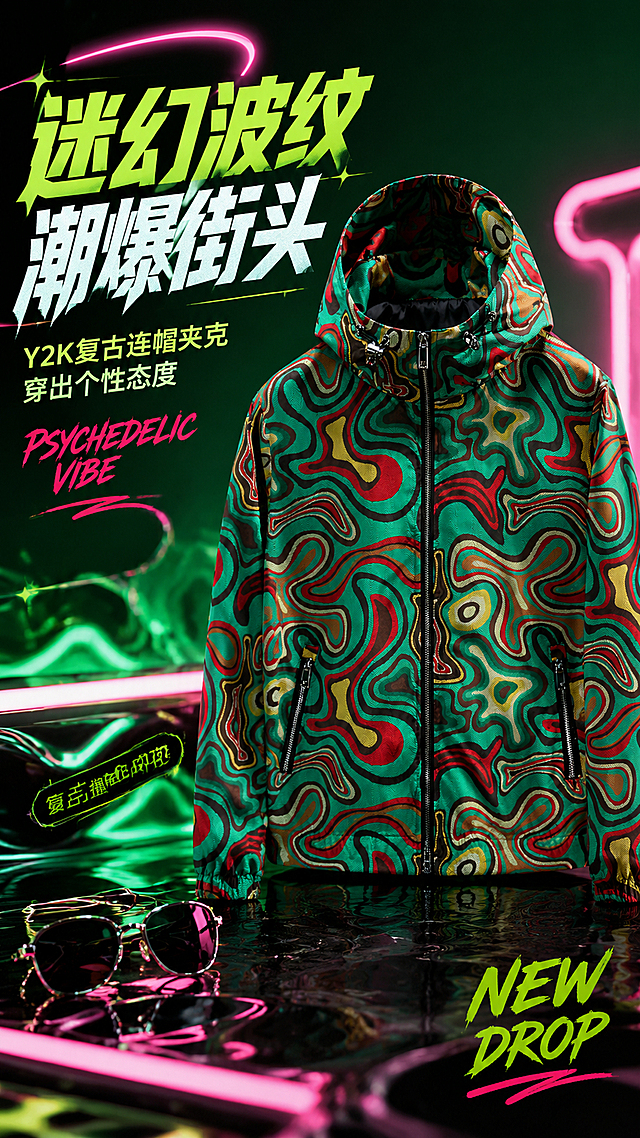 [第1张] 详情页头图-复古迷幻波纹连帽夹克新品宣传海报。本张使用【图1】作为商品主体。
[氛围/风格] Y2K复古迷幻风，高饱和撞色，潮流街头质感，霓虹氛围。
[元素布局] 夹克外套置于画面右侧中部，占比约55%-60%，正面展示连帽版型与全身迷幻波纹印花；左侧留标题区，背景为深绿色渐变+霓虹灯管+液态金属波纹效果；前景有黑色反光台面+墨镜道具；保持夹克的绿红棕黄迷幻波纹、连帽结构、金属拉链、拉链口袋与输入图完全一致。
[光影质感] 右侧霓虹色主光源，左侧柔和补光，亮面面料呈现自然光泽，波纹印花色彩鲜艳，底部有柔和投影，整体潮酷炫目。
[配色色系] 全局底色 #0F3D2E 深绿渐变；主色翠绿底+红/黄/棕波纹夹克；辅助色金属银拉链、黑色内衬；点缀色霓虹粉光效。
[视角构图] 正面平视微仰，产品为视觉中心，阅读动线左上标题→右侧产品→底部信息条。
[文字版式] 版式为左上标题+右侧产品+底部信息条。主标题「迷幻波纹 潮爆街头」，副标题「Y2K复古连帽夹克 穿出个性态度」，两行粗体艺术字左对齐；标题下英文装饰「PSYCHEDELIC VIBE」；底部左侧卖点「复古撞色印花」，右下角「NEW DROP」；文字不遮挡夹克主体。
[比例分辨率] 9:16 竖版比例，2K分辨率，文字清晰可辨，高清画质。
[负向提示词] 衣服变形，印花图案错乱，颜色偏差，水印，文字错乱，产品图模糊，背景杂乱。