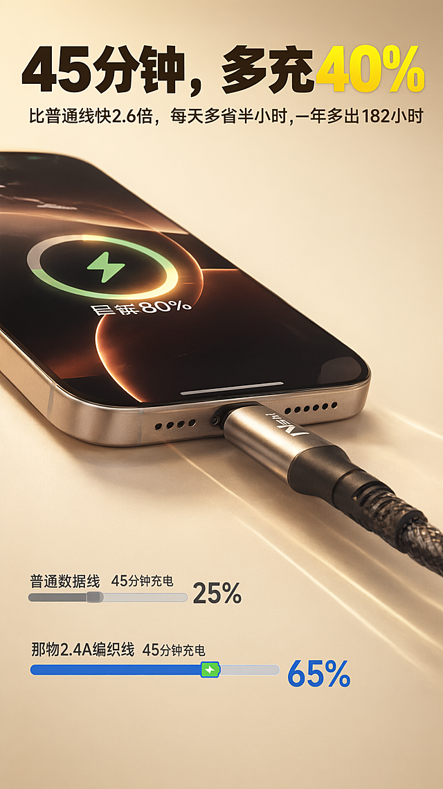 [商品] 使用【图5】那物编织线Lightning接头插入iPhone底部特写；保留产品外观、接头金属质感、编织线纹理、iPhone充电界面；修复光影，增强充电动效光感。
[画面] 目标：核心卖点对比图，突出45分钟快充提速40%的实测数据。构图：左侧iPhone手机屏幕显示电量80%闪电图标特写，右侧那物编织线Lightning接头插入手机底部，产品与手机占画面50%；上方大标题，下方两条对比进度条可视化。背景：暖米色纯色渐变，干净高级。
[视觉] 套系策略：风格=京东高转化数码详情页，暖金米白高级感；标题字=粗黑无衬线大字，厚重有力；正文字=简洁无衬线体，清晰易读；主色=暖金+米白；背景延展=基于暖金米白做深浅渐变、同色系层次、细腻磨砂/金属质感；强调色=明黄色+蓝色，明黄用于重点数字高亮，蓝色用于进度条高亮；标题色=深棕黑；正文色=深灰；组件=圆角进度条、胶囊标签、细线引线；光影=左前侧柔光，产品清晰立体。
[文字] 顶部主标题"45分钟，多充40%"（40%明黄色高亮放大）；副标题"比普通线快2.6倍，每天多省半小时，一年多出182小时"；底部两条横向进度条：上方灰色进度条标注"普通数据线 45分钟充电25%"，下方蓝色高亮进度条标注"那物2.4A编织线 45分钟充电65%"（65%放大加粗）。所有文字横排，数字醒目。
[规格] 图片比例9:16竖版，4K超清，避免变形、错字、文字过小、冷蓝背景、其他品牌logo、绝对化极限词。