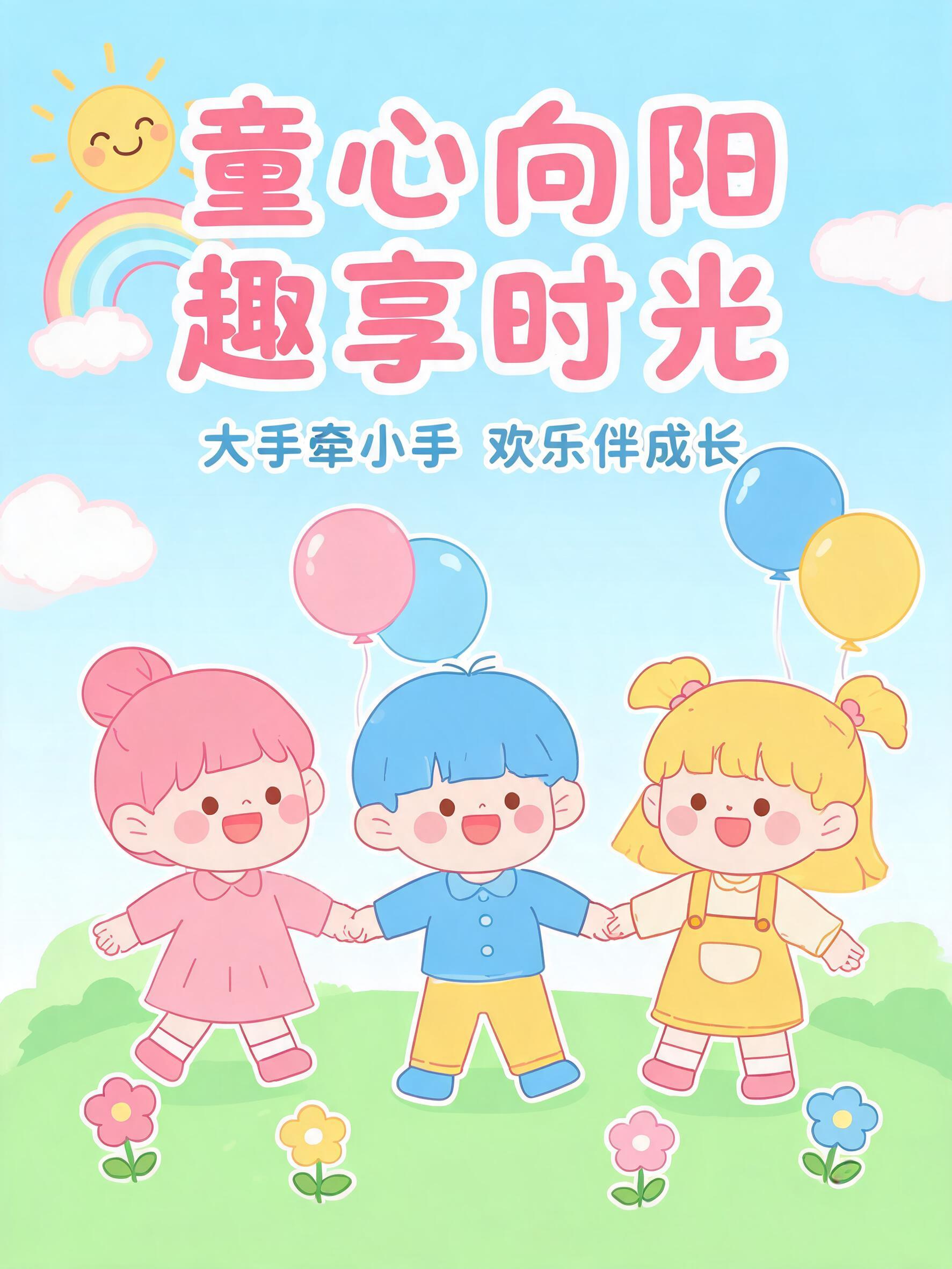 竖版幼儿园活动宣传海报，主标题文字："童心向阳 趣享时光"，副… - 图片创意预览