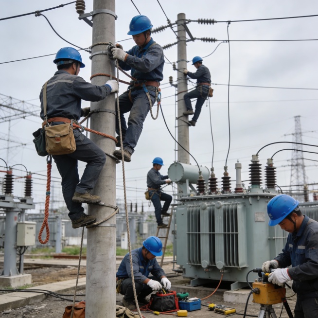 生成几个头戴蓝色帽子的电工正在维护电力设施预览效果